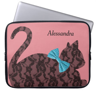 Lace Cat Silhouette  Personalised Pink Laptop Sleeve