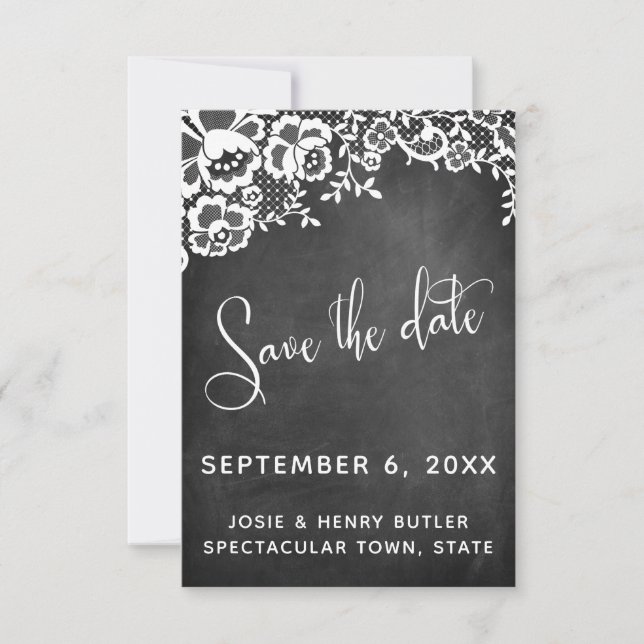 Lace Chalkboard Modern Calligraphy Save the Date RSVP Card (Front)