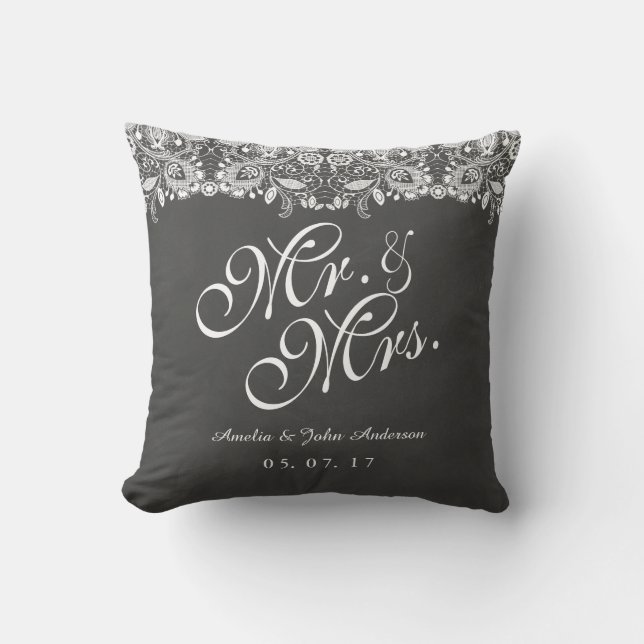 Lace Chalkboard Mr. and Mrs. Wedding Pillow (Front)