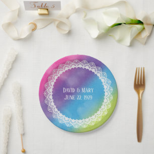 Lace Circle On Rainbow Watercolor Paper Plate
