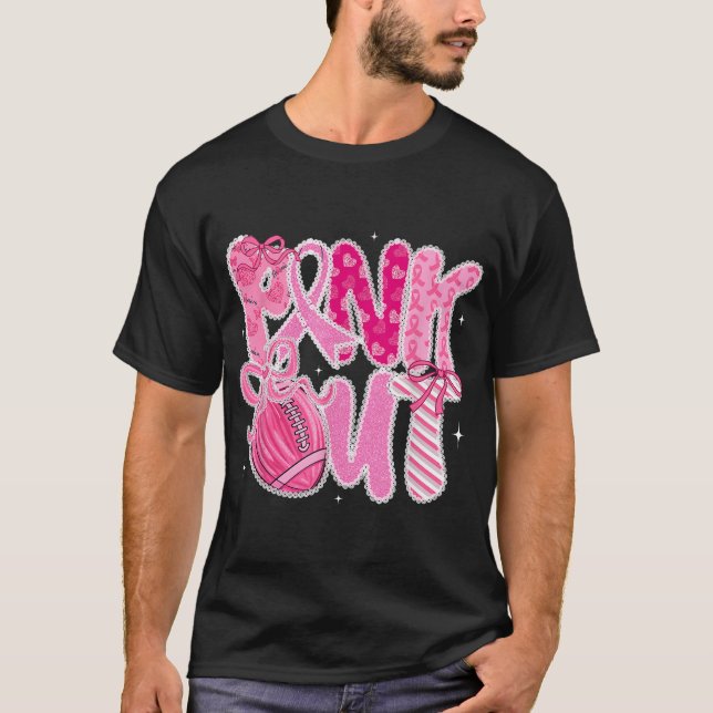Lace Coquette Bow Pink Out Football Breast Cancer  T-Shirt (Front)
