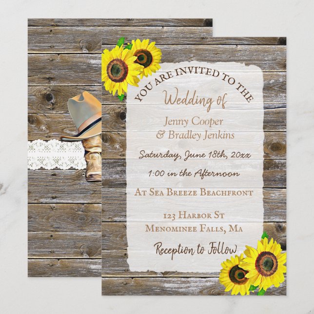 Lace,  Cowboy Boots and Sunflowers Wedding Invitation (Front/Back)