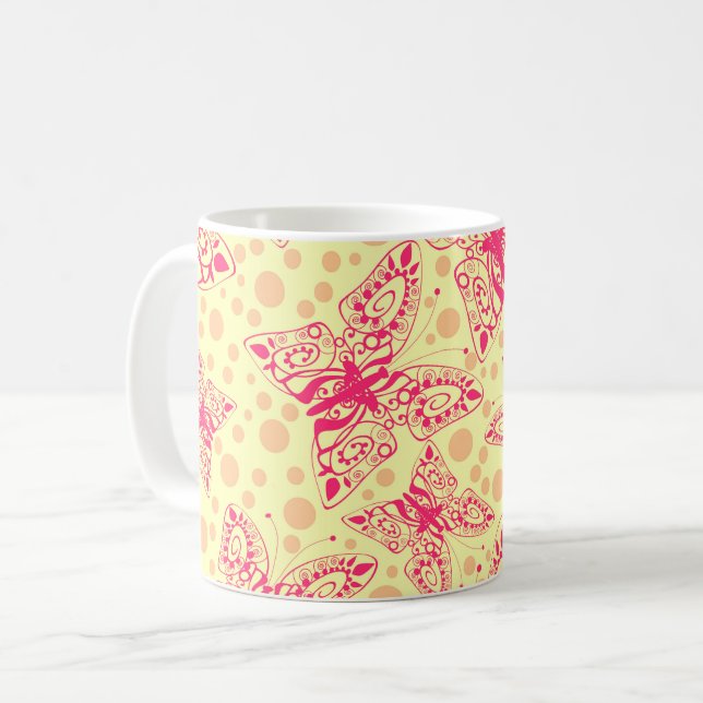 lace crimson butterflies on yellow polka dot  coffee mug (Front Left)