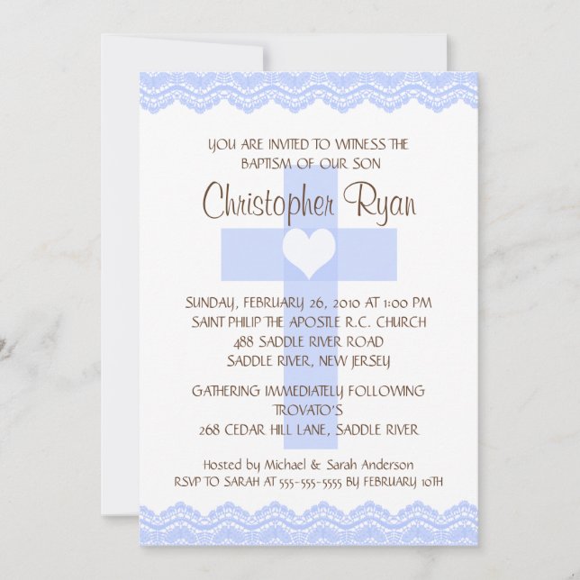 Lace Cross Baby Boy Baptism Inviation Invitation (Front)