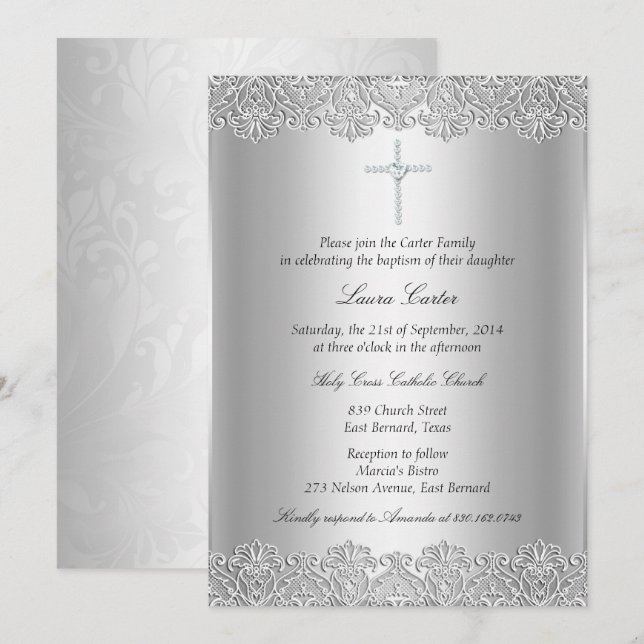 Lace & Cross Baptism/Christening Invitation (Front/Back)