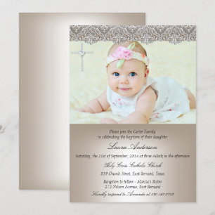 Lace Cross Baptism Christening Invitation