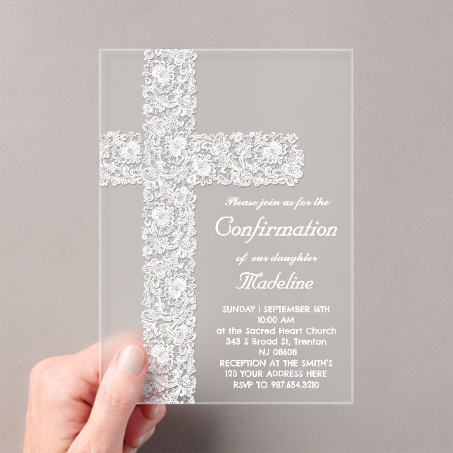 lace cross design | Confirmation Acrylic Invitations (Insitu (Handheld))