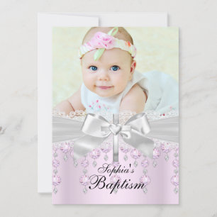 Lace Cross & Jewels Photo Baptism Invitation