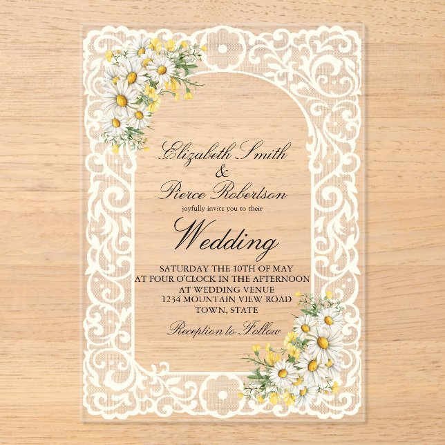 Lace Daisy Acrylic Wedding Invitation (Front)