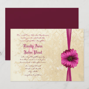 Lace Damask Moody Dark Pink Gerber Daisy Wedding Invitation