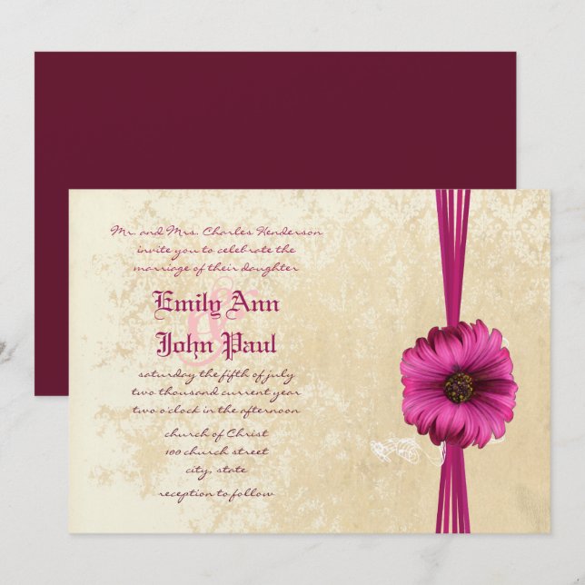 Lace Damask Moody Dark Pink Gerber Daisy Wedding Invitation (Front/Back)