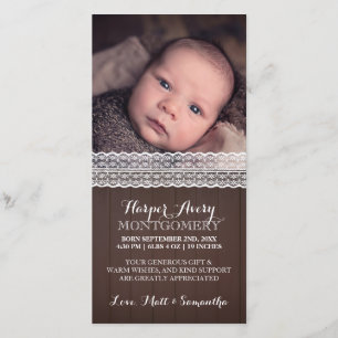 Lace Dark Wood Custom Photo Baby Shower Thank You Card