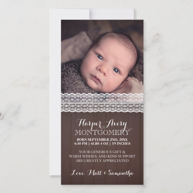 Lace Dark Wood Custom Photo Baby Shower Thank You Card (Front)