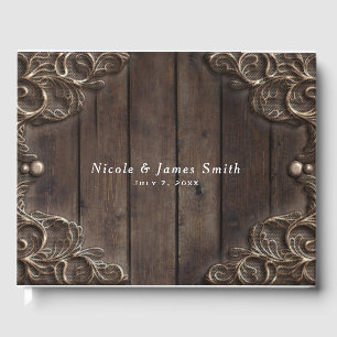 Lace & Dark Wood Rustic Western Vintage Wedding Guest Book