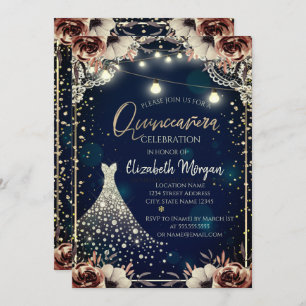 Lace,Diamonds Dress Dark Blue Floral Quinceañera Invitation