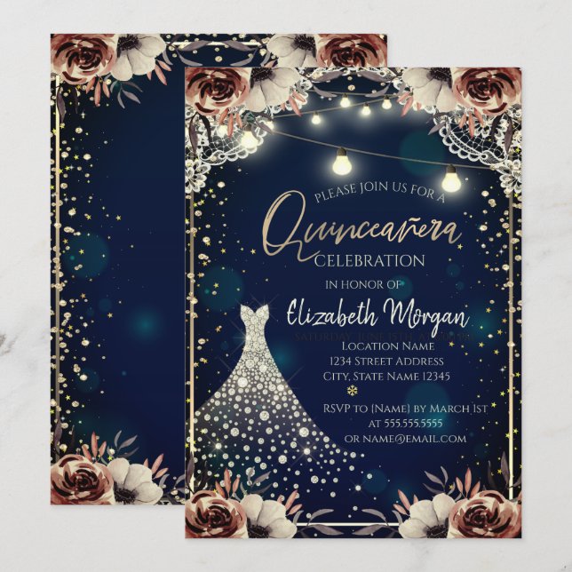 Lace,Diamonds Dress Dark Blue Floral Quinceañera Invitation (Front/Back)