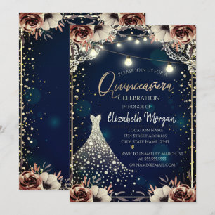 Lace,Diamonds Dress Dark Blue Floral Quinceañera Invitation