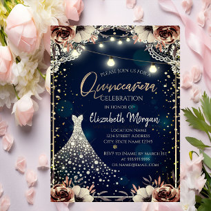 Lace,Diamonds Dress Dark Blue Floral Quinceañera Invitation