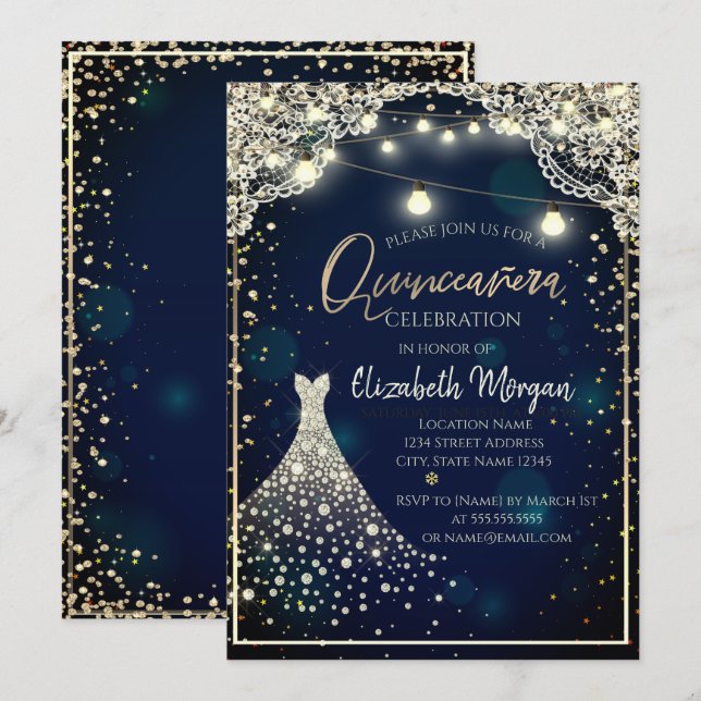 Lace,Diamonds Dress Dark Blue Quinceañera  Invitation (Front/Back)