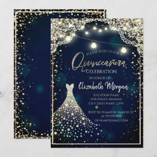 Lace,Diamonds Dress Dark Blue Quinceañera  Invitation