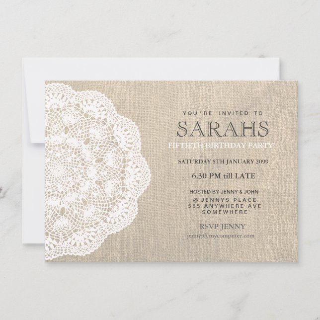 Lace Doily & Burlap 50th Birthday Party Invite (Front)