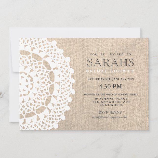 Lace Doily & Burlap Bridal Shower Party Invite (Front)