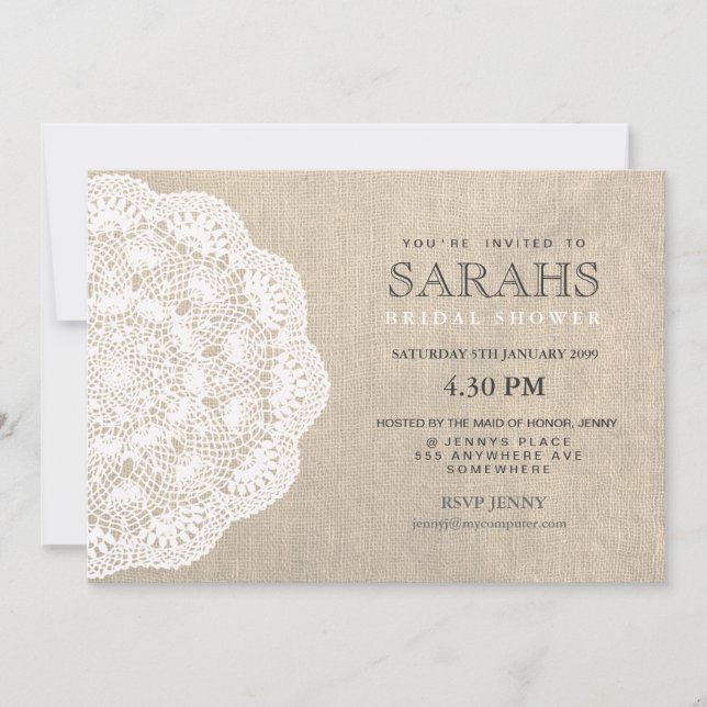 Lace Doily & Burlap Bridal Shower Party Invite (Front)