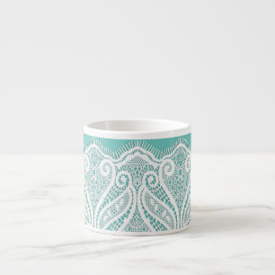 Lace doily look teal white vintage old fashioned espresso cup