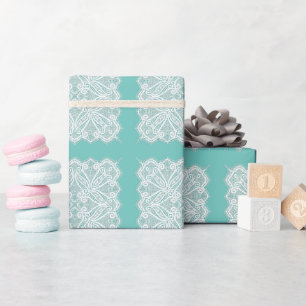 Lace doily look teal white vintage old fashioned wrapping paper