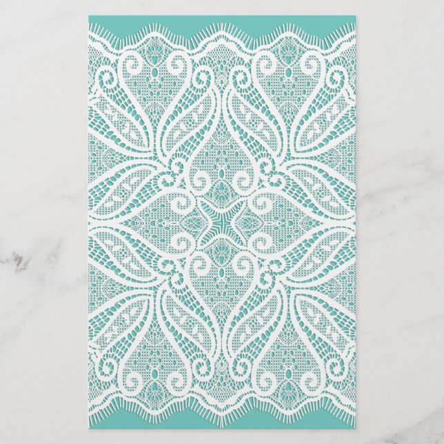 Lace doily teal and white old fashioned  stationery (Front)
