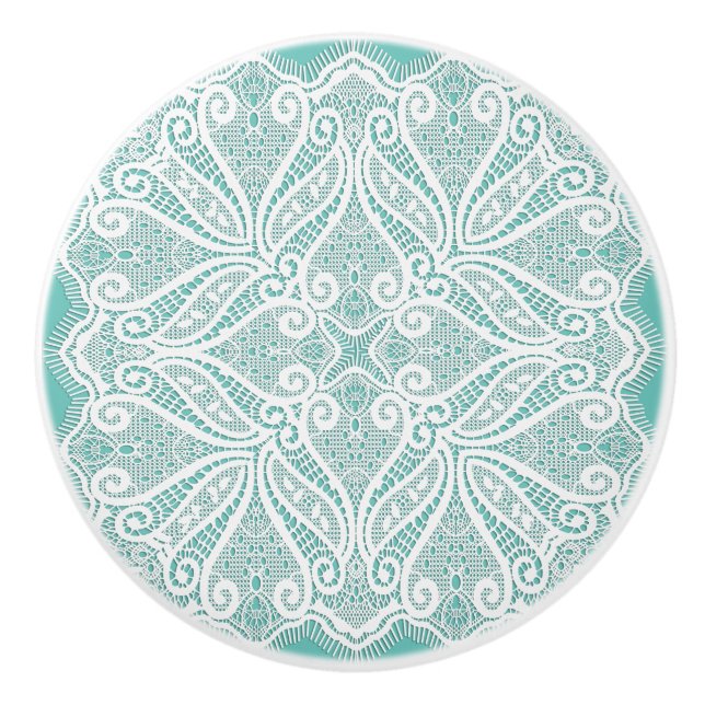 Lace doily teal white vintage old fashioned ceramic knob (Front)