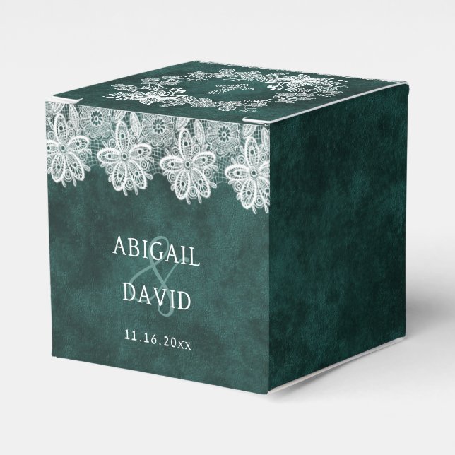 Lace Emerald Green Velvet Religious Wedding Cube Favour Box (Front Side)