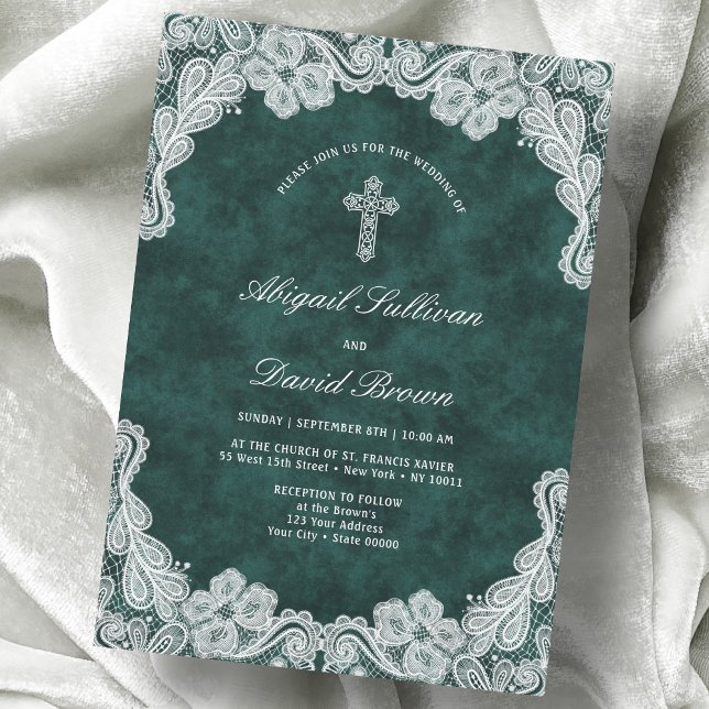 Lace Emerald Green Velvet Religious Wedding Invitation (Creator Uploaded)