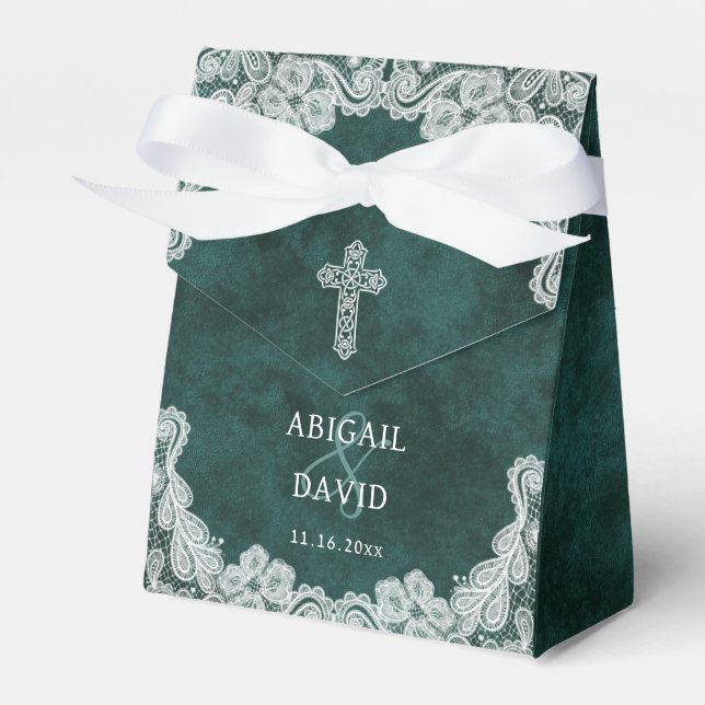 Lace Emerald Green Velvet Religious Wedding Tent Favour Box (Front Side)