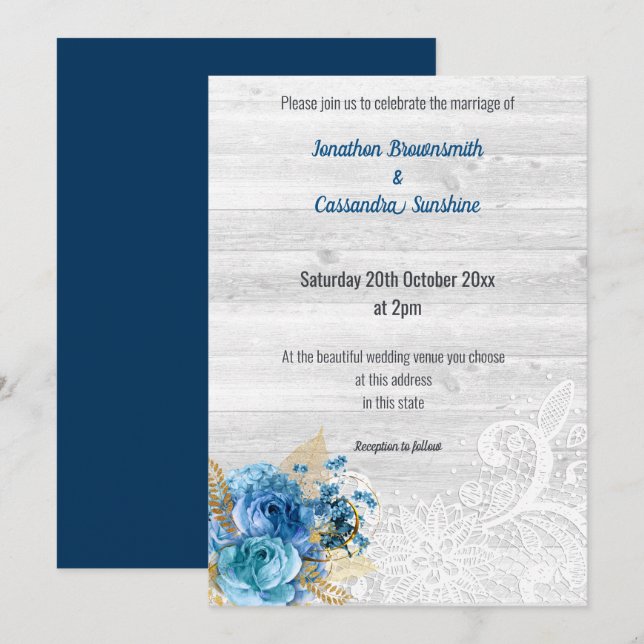 LACE FLORAL NAVY BLUE RUSTIC WEDDING NAVY INVITATION (Front/Back)