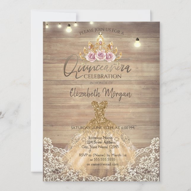 Lace,Floral Tiara,Lights,Dress Wood Quinceañera Invitation (Front)