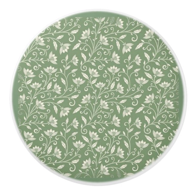 Lace Florals Cream on Pale Green Ceramic Tile Knob (Front)