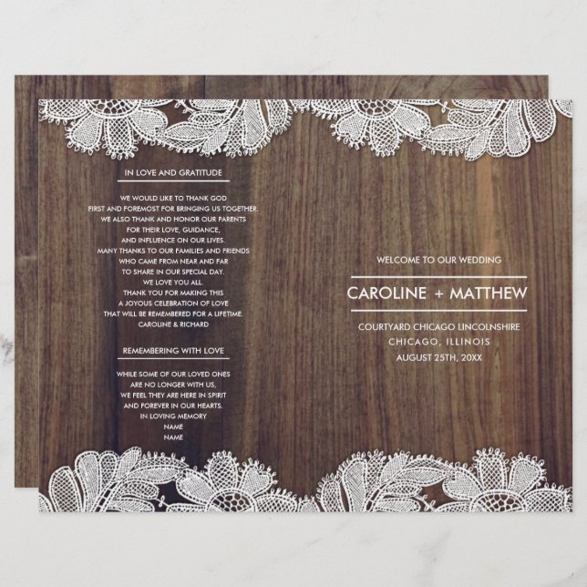 Lace Flowers | Barn Wood Folded Wedding Programs (Front/Back)