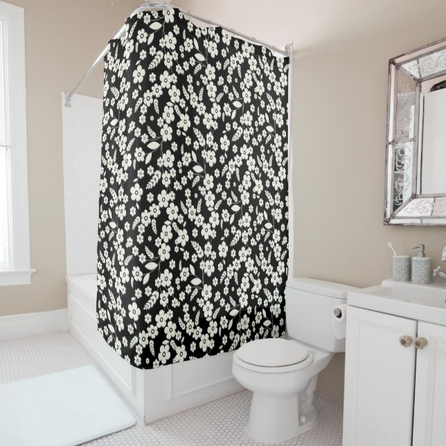 Lace Flowers on Black Shower Curtain (In Situ)