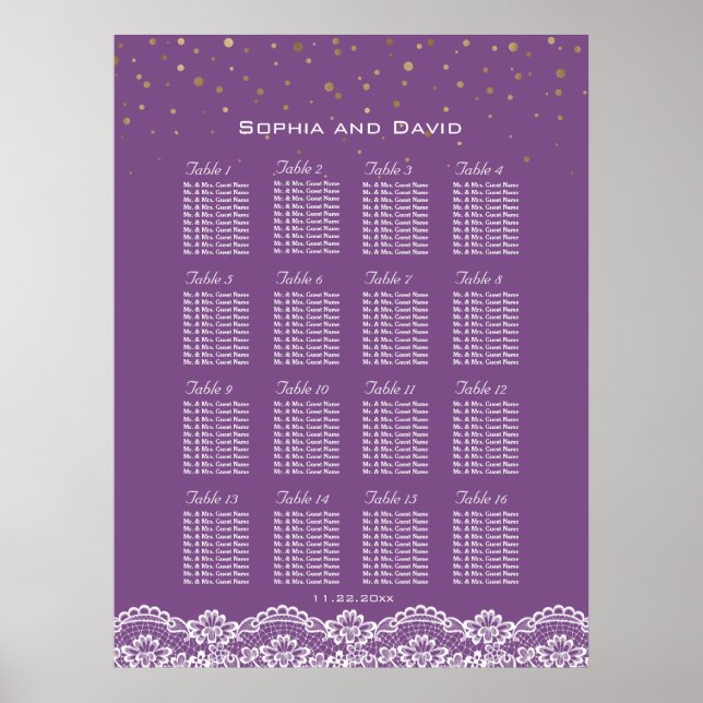Lace Gold Confetti Purple Wedding Seating Chart (Front)