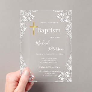 Lace Gold Cross Baptism Dusty Blue Acrylic Invitations