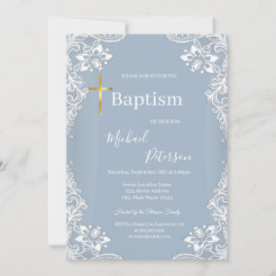 Lace Gold Cross Baptism Dusty Blue  Invitation