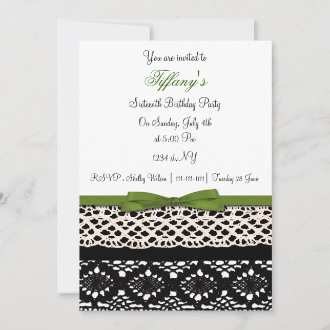 lace green damask Sweet Sixteen party Invitation (Front)