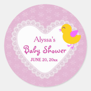 Lace Heart and Chick Baby Shower V01 PINK Classic Round Sticker