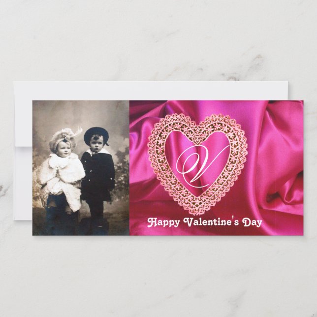 LACE HEART MONOGRAM SILK FUCHSIA CLOTH , Pink Red Holiday Card (Front)