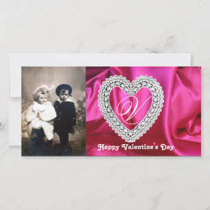 LACE HEART MONOGRAM SILK FUCHSIA CLOTH ,Pink White Holiday Card