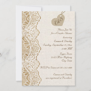 Lace & heart on burlap wedding couples shower invitation