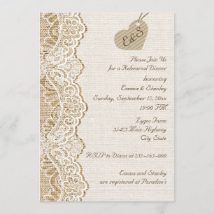 Lace & heart on burlap wedding rehearsal dinner invitation