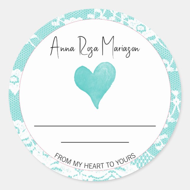 *~* Lace Homemade AP30 TEAL Heart Generic Classic Round Sticker (Front)