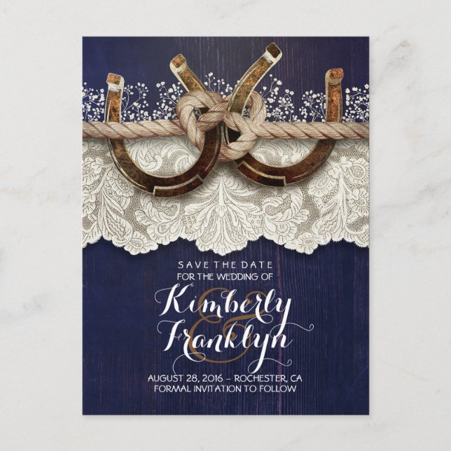 Lace Horseshoes Rustic Country Navy Save the Date Announcement Postcard (Front)